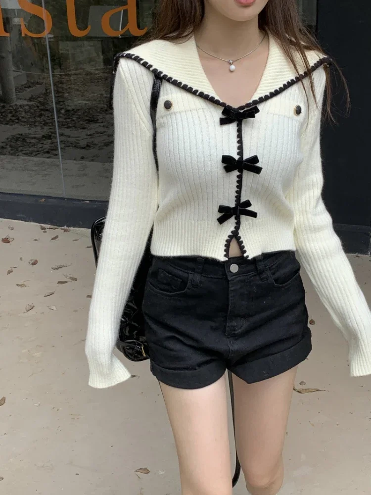 Sweaters Women Sweet Bow Panelled Versatile Streetwear Trendy Cozy Elegant Autumn Simple Teenagers Daily Chic Turn-down Collar