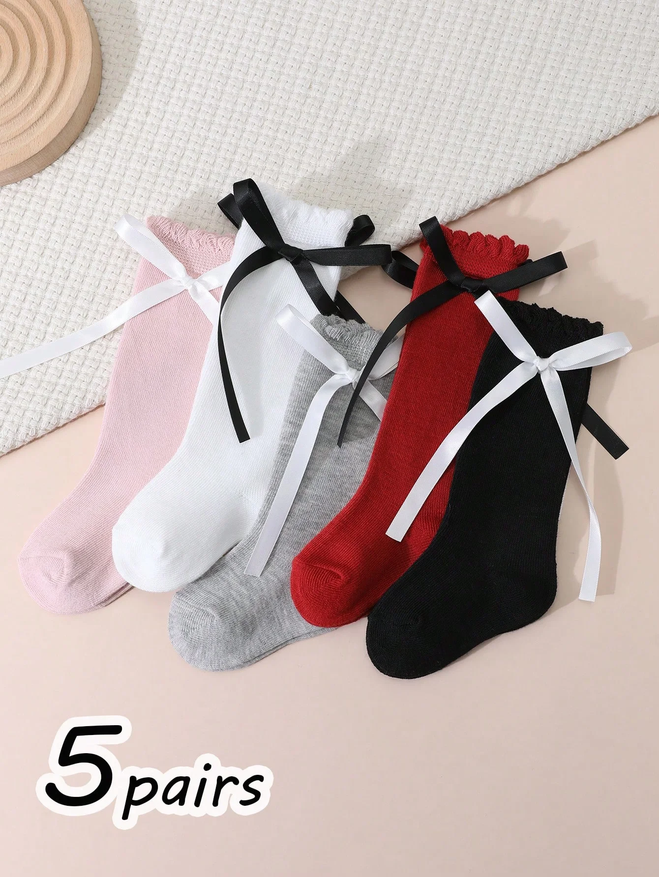 5 Pairs of Baby Girls' Multi-Color Socks with Long-Tailed Bowknot on the Side, Soft and Fashionable Socks for Daily Wear by Little Babies