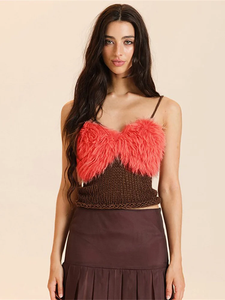 

Weird Puss Knit Furry Tank Tops Women Sweet V-Neck Contrast Patchwork Rolled Hem Vacation Midnight Party Club Basic Slim Vest