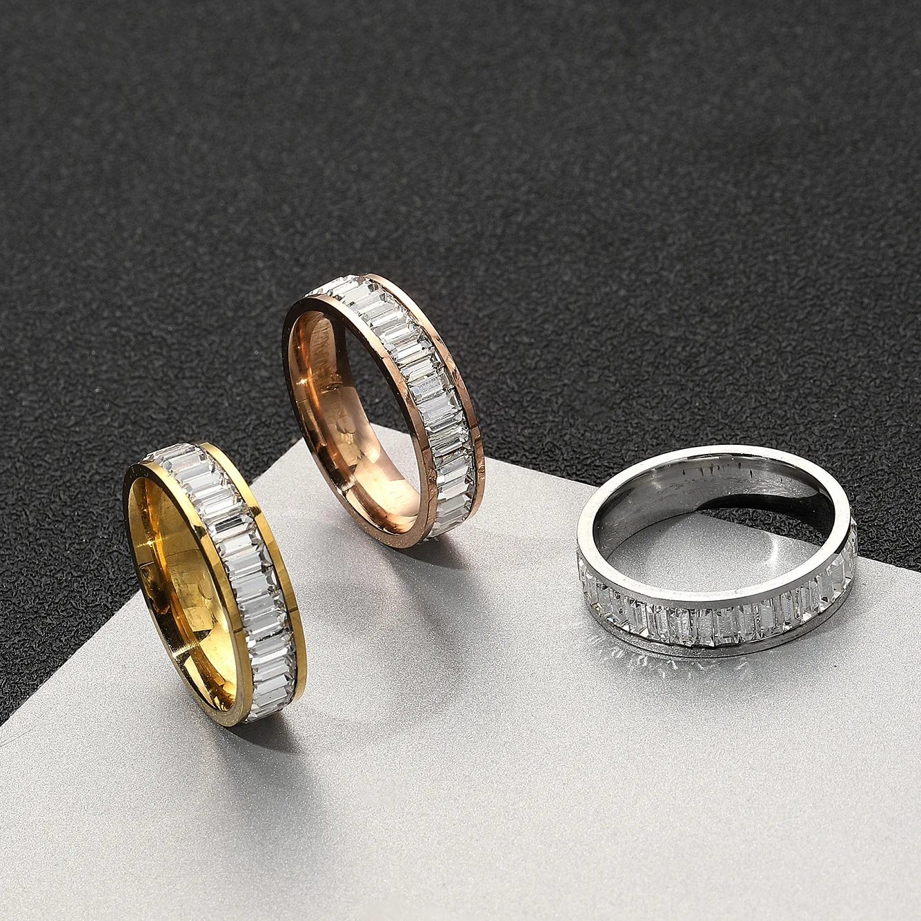 Stainless Steel Clear Square Shinny Zircon Ring for Women PVD Gold Plated Jewelry