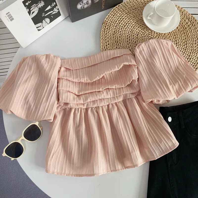 Gaganight Women French Bra Pleated One line Collar Off Shoulder Shirt Summer Strapless Puff Sleeve Short Shirt Top Female