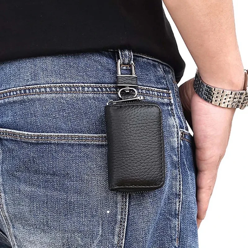 Universal Cowhide Car Key Wallet Anti-Lost Metal Snap Hook Key Case Cover