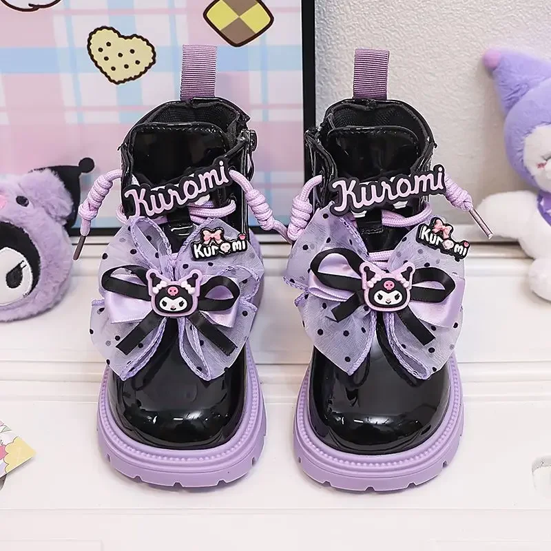 2024 Kawaii Sanrio Kuromi Girls Boots Autumn Sweet Cute Cartoon Children Martin Boots Princess Shoes Leather Boots Gift for Kids