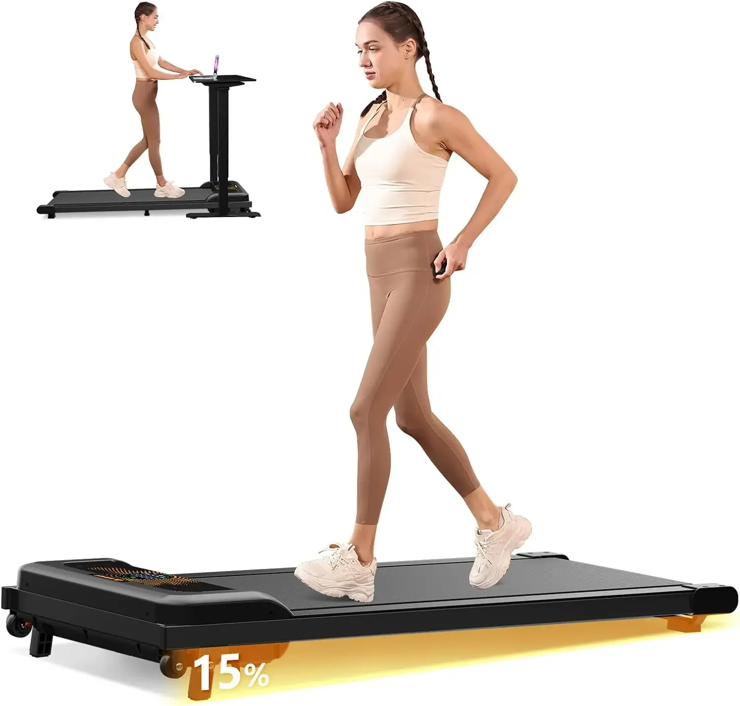 Pad with Incline, Under Desk Treadmill for Home Office, 2.5HP Portable Treadmills with Sports Dashboard & Remote Control