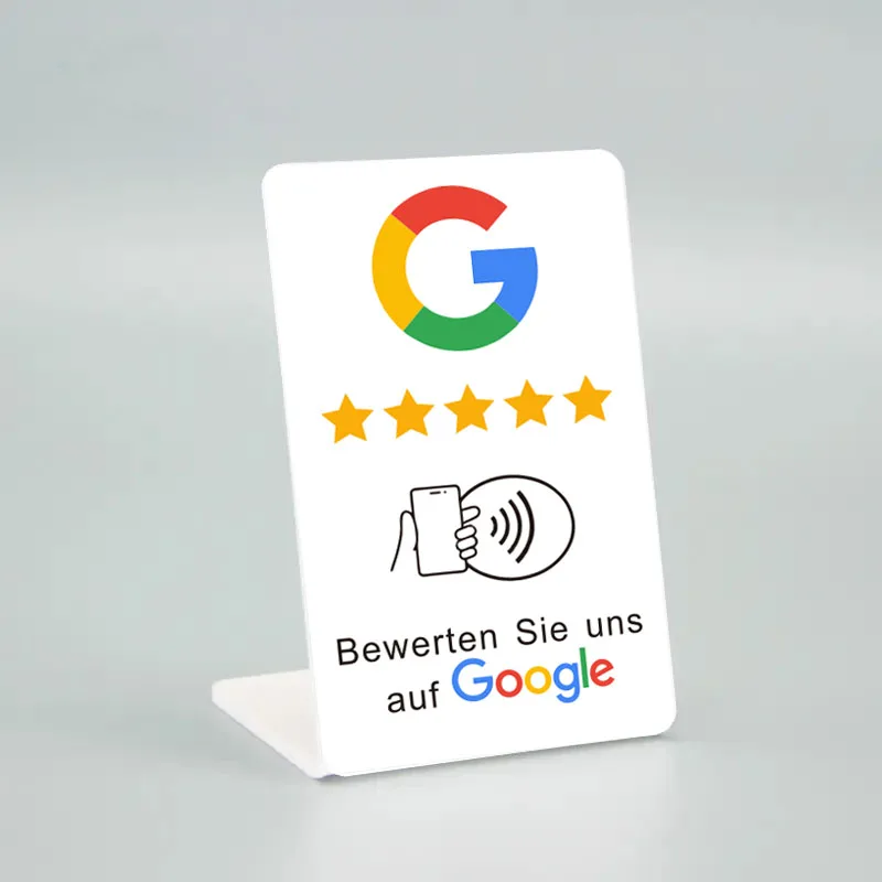 Deutsch, Französisch, Arabisch, Italienisch, Spanisch, Hebräisch, Google-Bewertungen, NFC-Ständer, URL-Tap, Social-Business-Bewertungskarten