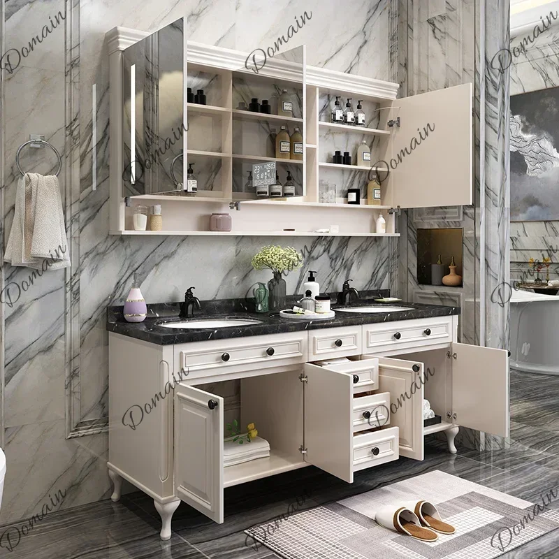 6XY European-Style Bathroom Cabinet Solid Rubber Wood Floor-To-Ceiling Double Basin Washstand With Washbasin Pool For Bathroom