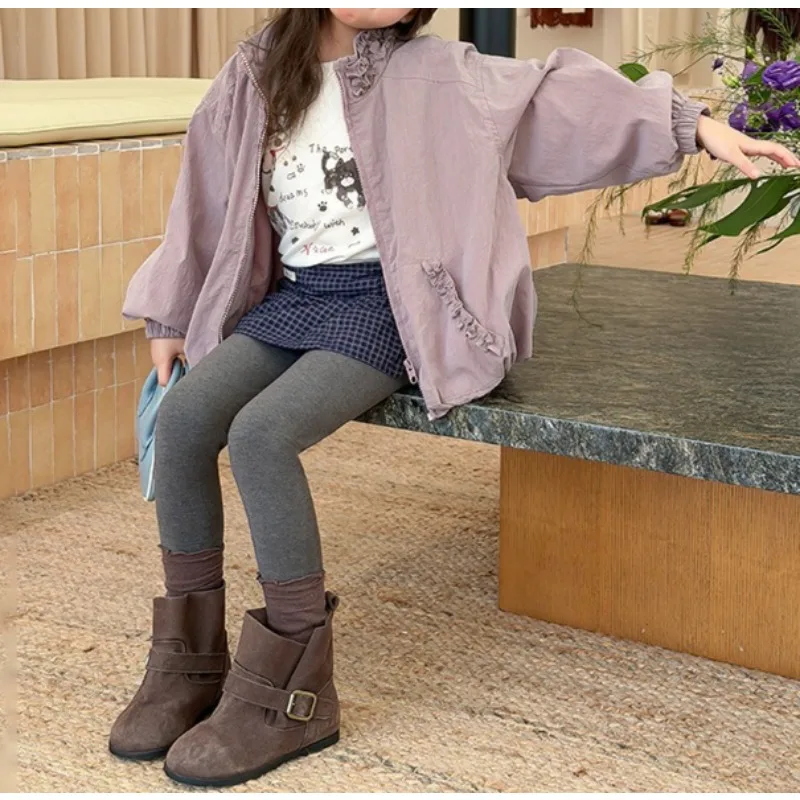 Early Autumn Light Zipper Trench Coat Girls Sweet Temperament Loose Casual Bud Hem Lace Trench Coat Stand-up Collar Jacket