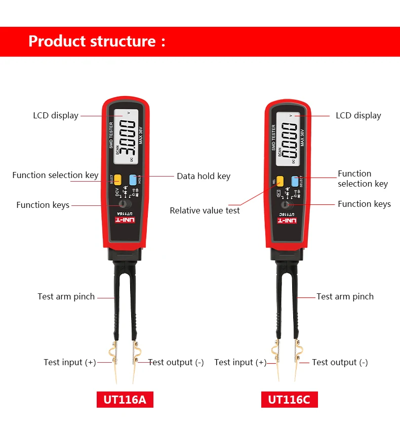 UNI-T UT116A UT116C pinzette digitali Smart SMD Tester professionale LED diodo Tester di componenti elettronici multimetro elettrico