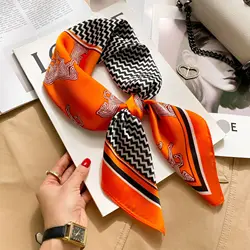Lune Printing Silk Scarf Hijab Women 70*70cm Luxury Design Square Scarf Girl Ribbon Hairband Neckerchief Foulard Hair Band