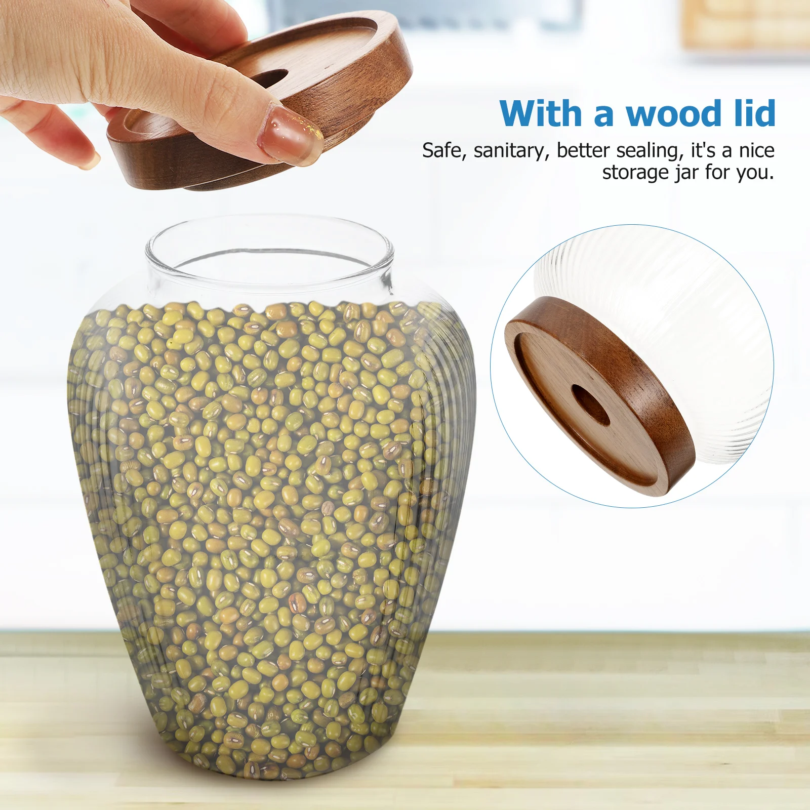 

Glass Storage Jar Airtight Glass Canister 1100Ml Wood Lid Kitchen Containers for Candy Tea Grains Storage Jars