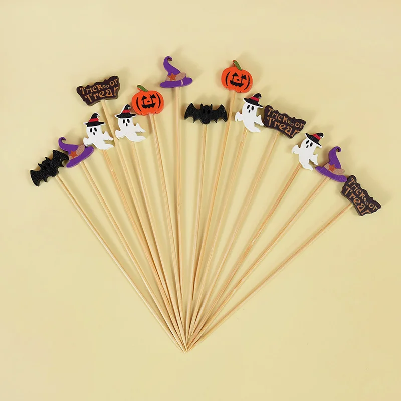 

50/100pcs Halloween Pumpkin Bamboo Skewers Fruit Forks Buffet Dessert Toothpicks Cocktail Stick Ghost Bat Halloween Decoration