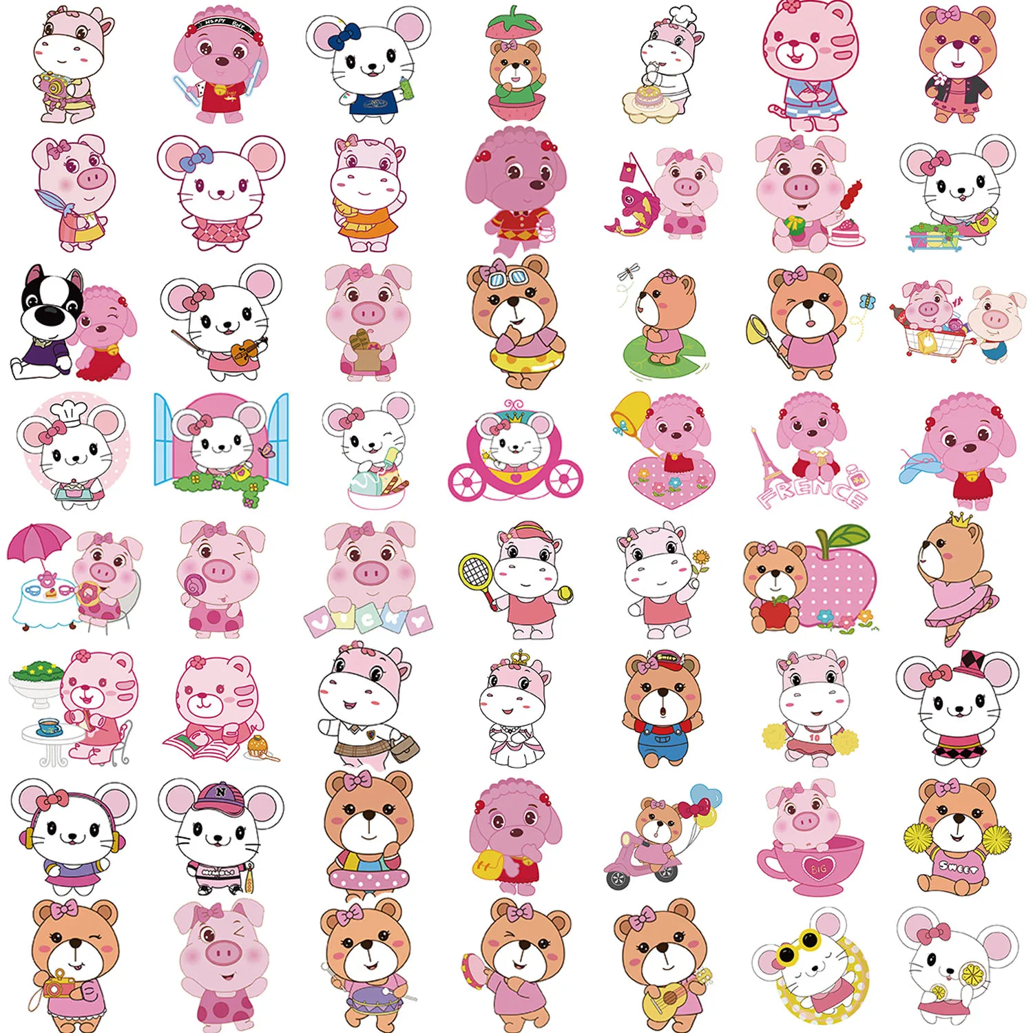 59PCS Fun Cartoon Pink Animal Graffiti Stickers Scrapbooking Collage Material Phone Cases Guitar Notebooks DIY Decorative