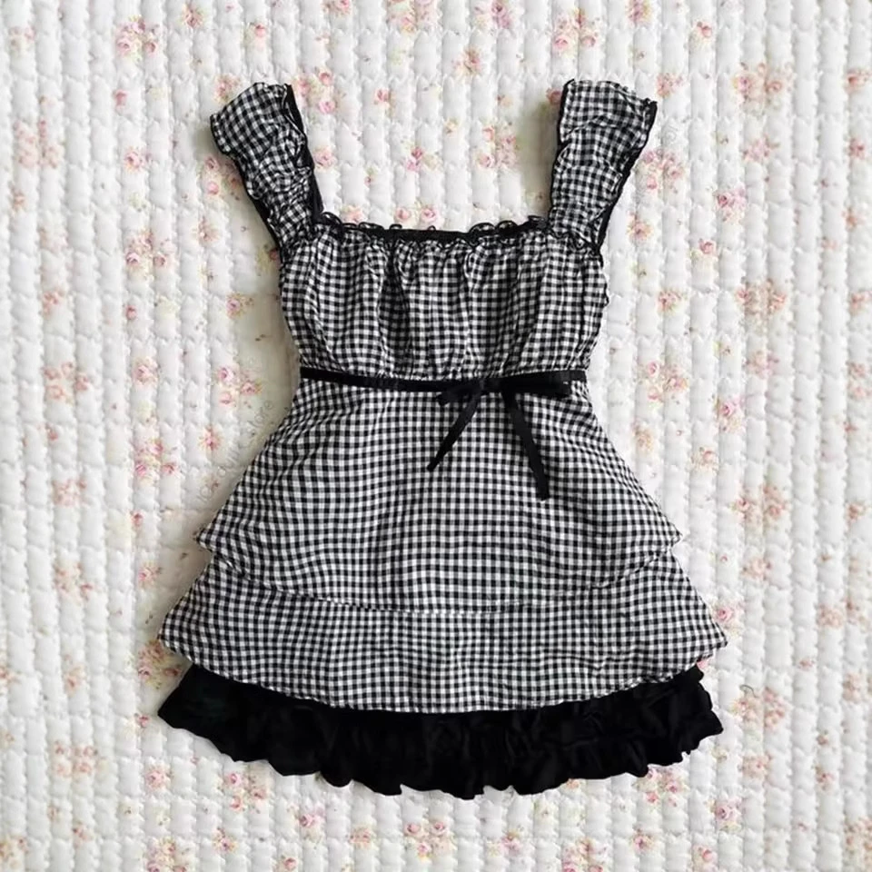 Y2k Harajuku Summer Kawaii New Korean Style Cute Aesthetic Trendy Checkered Patchwork Dress Slimming fit Skirt long T-shirt top