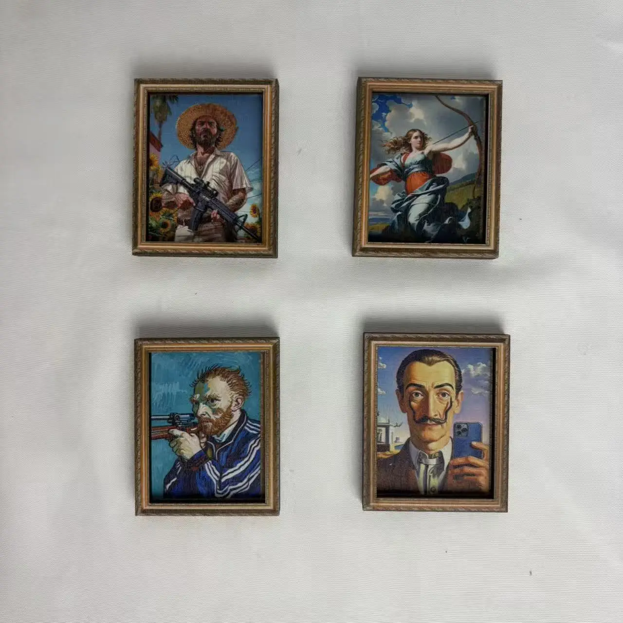 4-Piece Set of Fun Modified Van Gogh Retro Famous Painting Wooden Photo Frame Fridge Magnets, Creative Oil Painting Magnetic Stickers with Gun-Holding Selfie Design, European and American Style Home Kitchen Fridge Decoration Small Ornaments