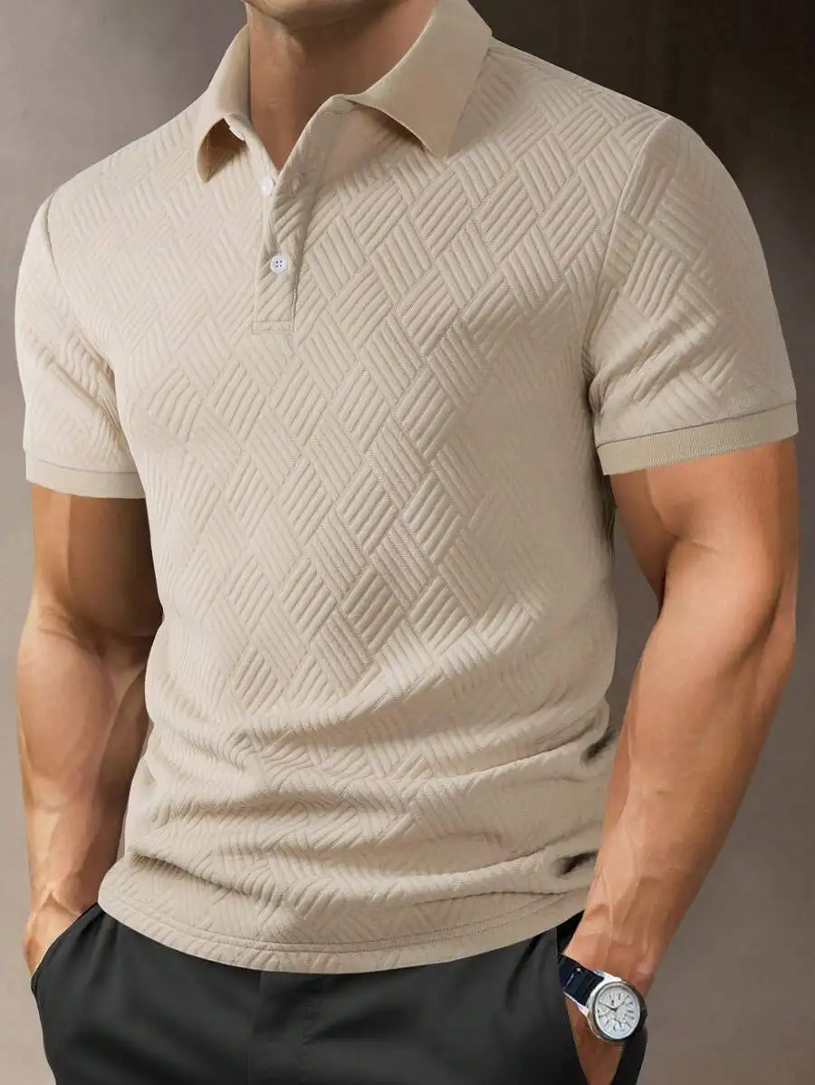 

Men's Beige Textured Diamond Pattern Short Sleeve Polo Shirt