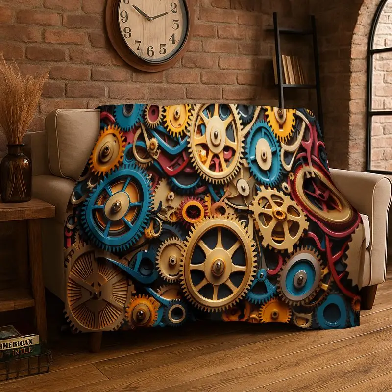 Retro Gears Mechanical Cogs Flannel Blanket Soft Warm Throw Blanket for Bedroom Living Room Bed Travel Camping Picnic Cover Gift