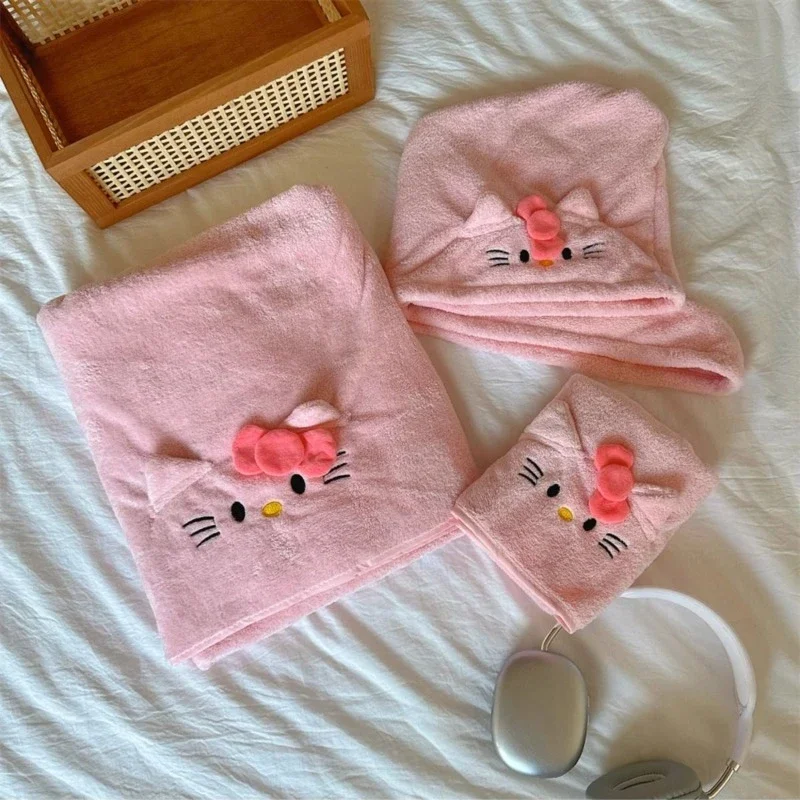 Sanrio Hello kitty bath towel, bath skirt, towel drying hair cap, three-piece set, cute large bathrobe, home couple kawaii gift