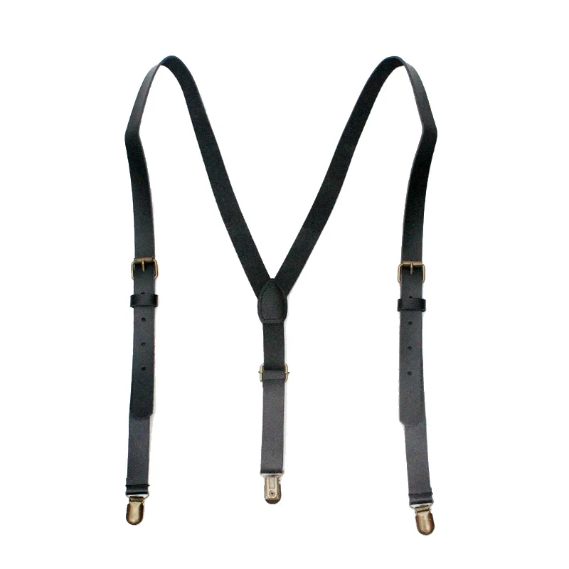 British Style 3 Clips Mens Suspenders Vintage Adjustable 2nd Tier Cowhide Cowboy Real Leather Suspender Bronze Strap Pant Braces