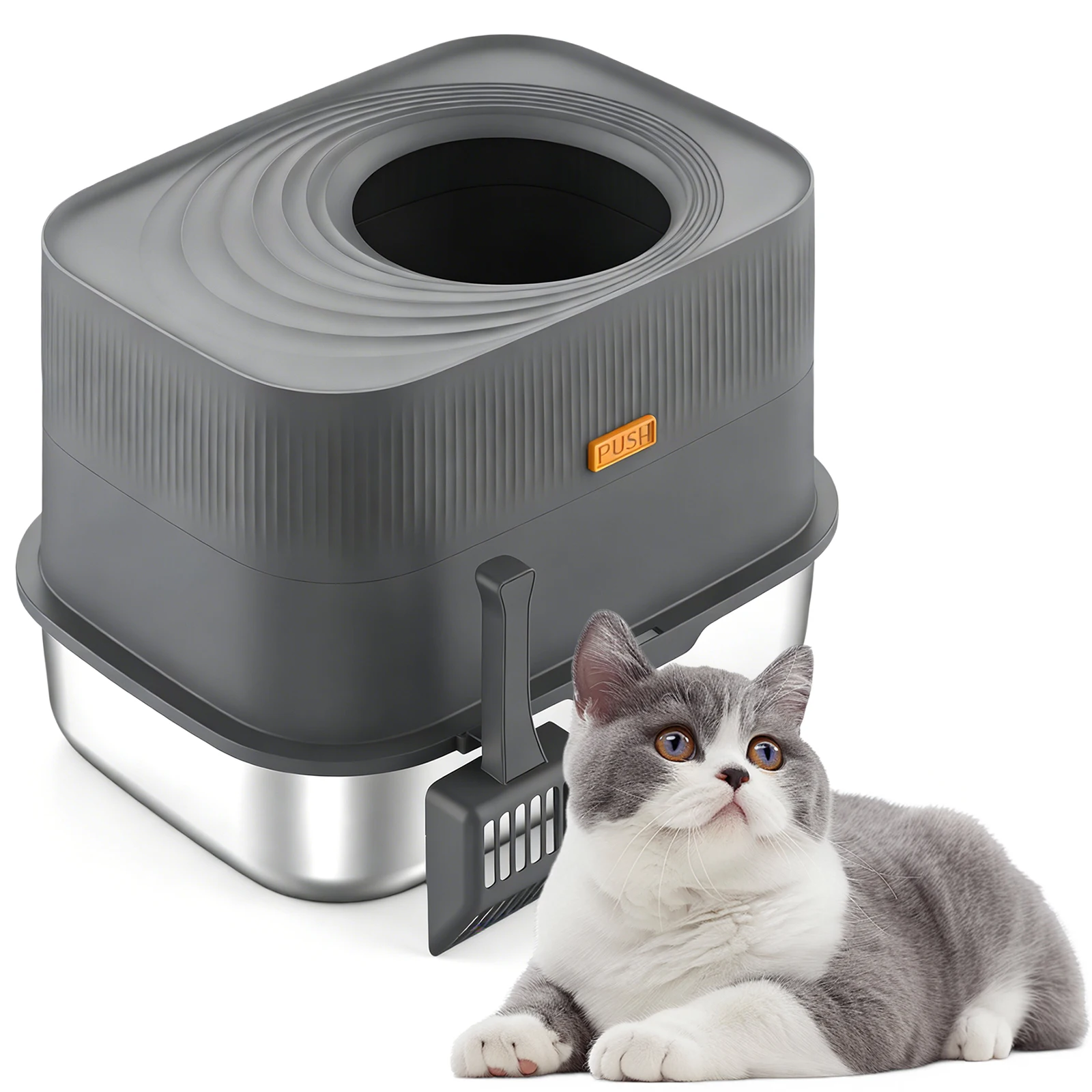 

Лоток для кошачьего туалета из нержавеющей стали с верхним входом, крышкой и совком, полностью закрытый металлический лоток с высокими бортиками, товары для животных