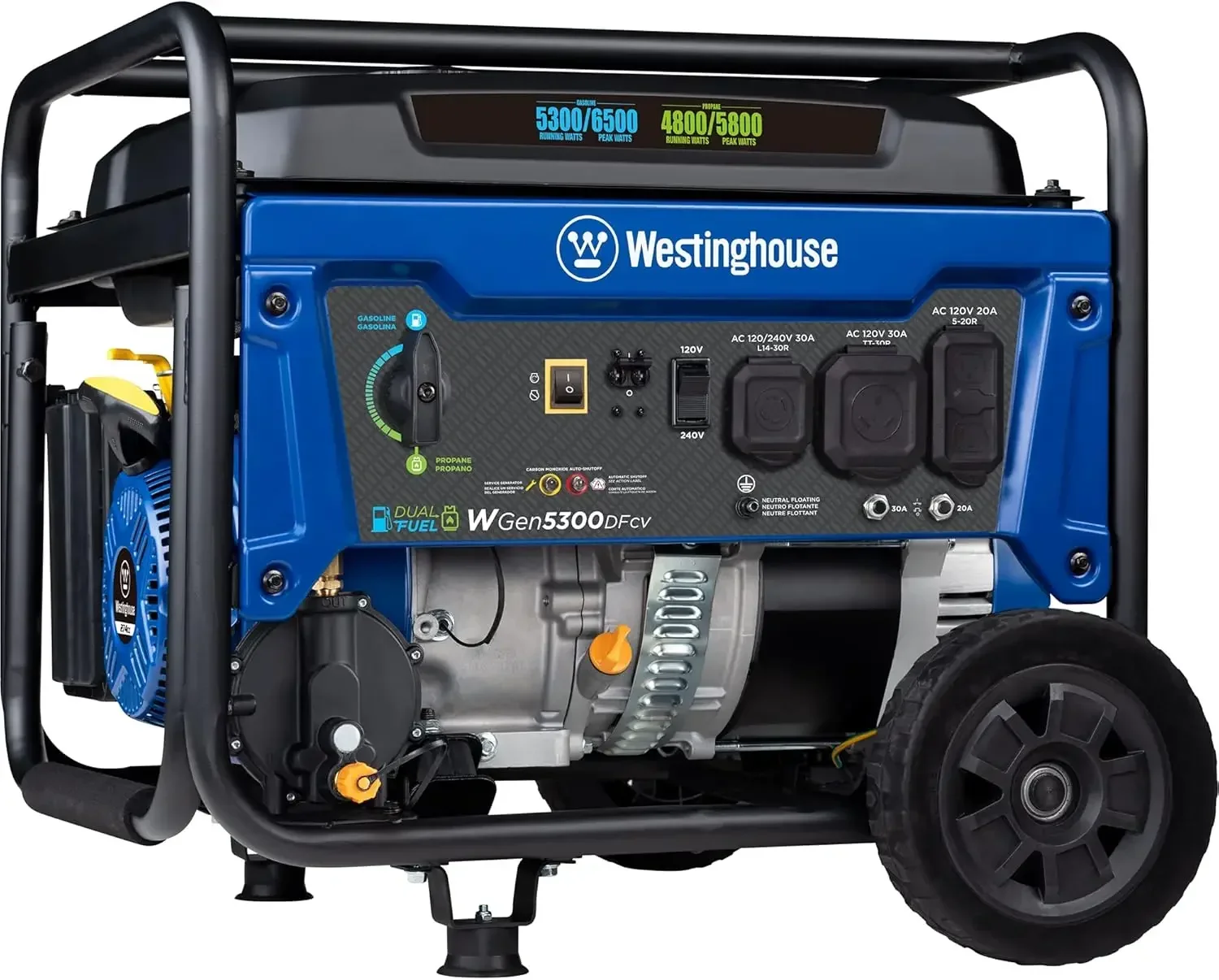 6500 Watt Dual Fuel Home Backup Portable Generator, Transfer Switch Ready 30A Outlet, RV Ready 30A Outlet, CO Sensor