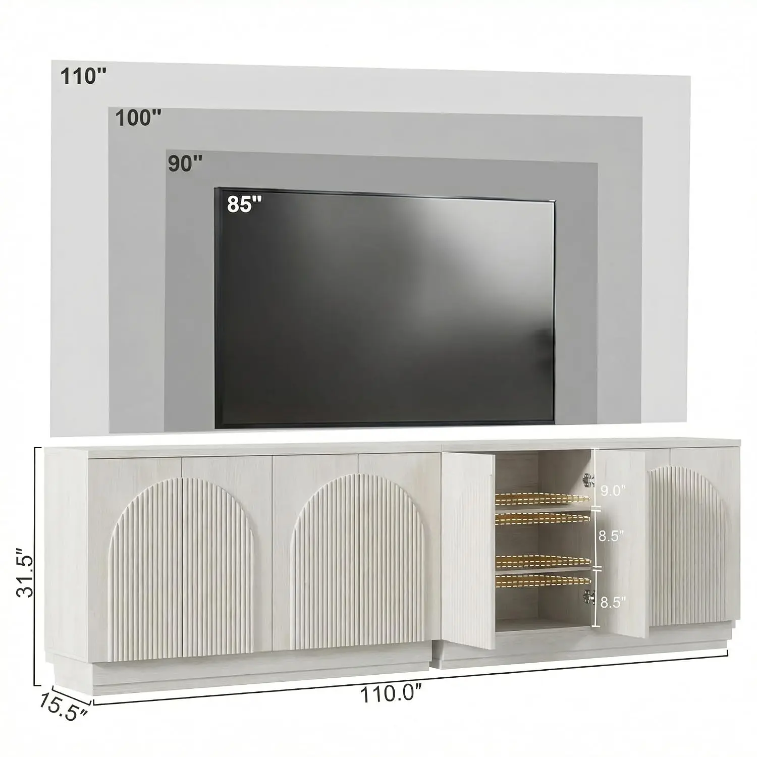 TV Stand Arched Reeded Doors, Center Storage 98