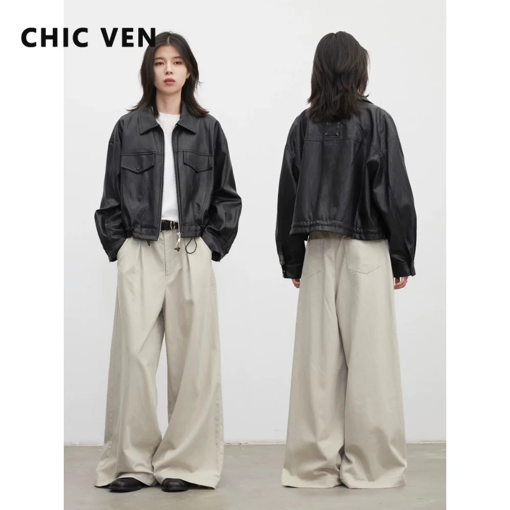 CHIC VEN New Fashion Women Faux Leather Jacket Retro PU Coat  Loose Casual Sport Motorcycle Short Overcoat Spring Autumn 2026