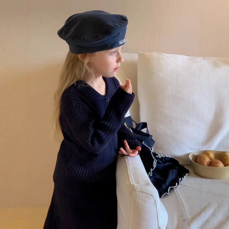 

Korean Girls' Set Autumn New Children's Fashion Lapel Knitted Cardigan Simple Solid Color Skirt Set