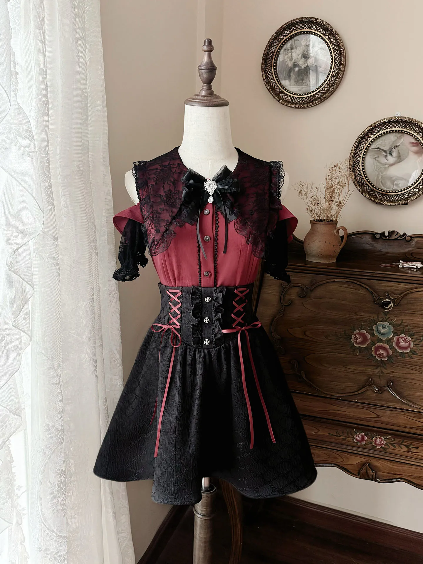 Japanese Original Lolita Y2K Subculture Sweet Cool Girl Set Off-Shoulder Shirt Mass-Produced  Off-Shoulder Two-Piece Set