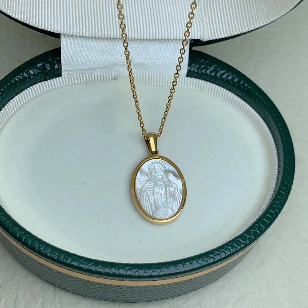 Stainless Steel Necklace Jewelry Religious Virgin Mary Pendant Neck For Women Gold Plated Natural Mother of Pearl Shell