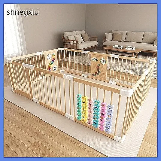 Adjustable Wooden Playpen, Portable Collapsible Play Yard with Fence & Toys for Infants