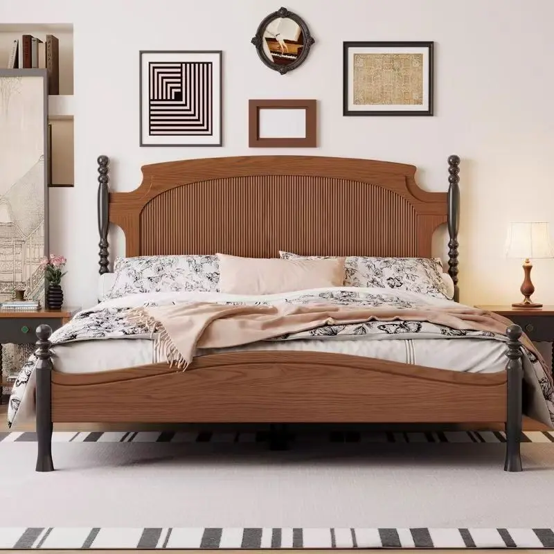 Factory Direct 2026 Top Rated Solid Wood King Bed Medium Antique Double Master Bedroom Marriage Bed Household Small Apartment La