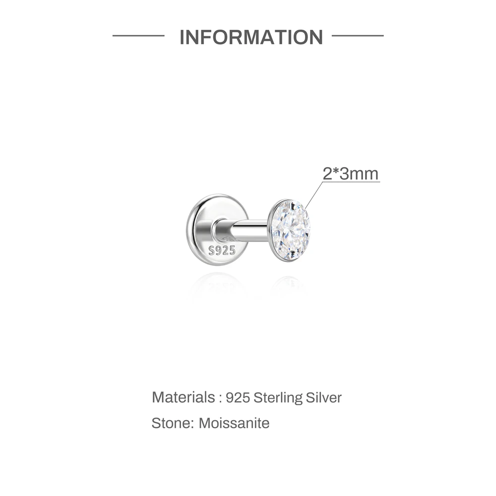 Aide 2*3mm Moissanite Stud Earrings925 Sterling Silver Screw Thread Earrings Jewelry Minimalist Flat Back Piercing for Men Women