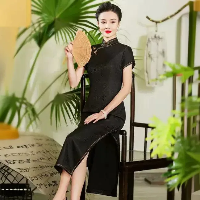 High Quality High-End Black Real Silk Cheongsam Qipao 2024 New Female Chinese Modified Interwoven Graceful Long Dress