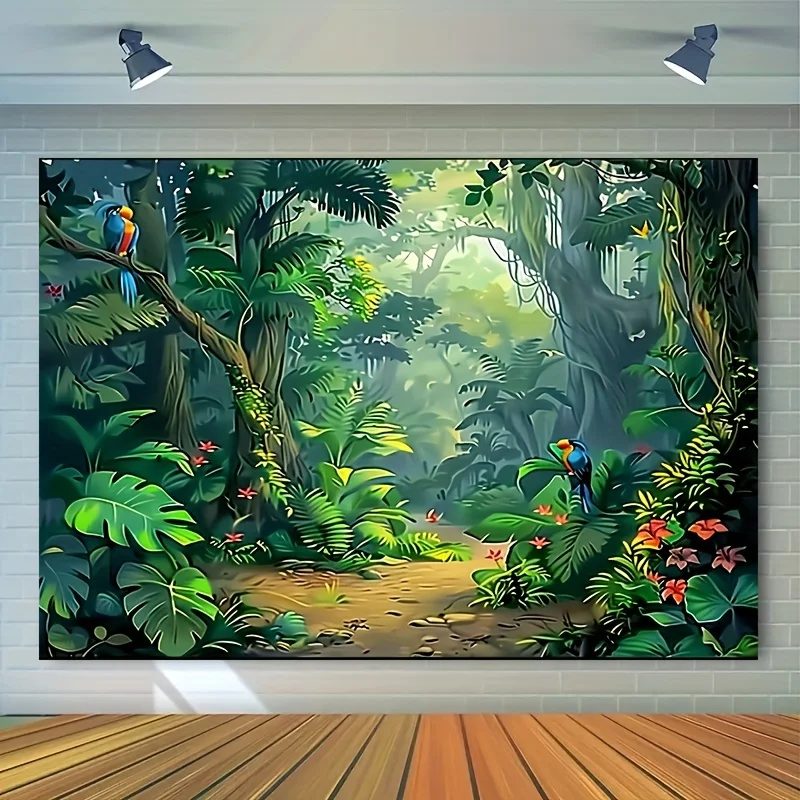 Enchanted Jungle Adventure Backdrop - Polyester Fabric, Spring Nature & Rainforest Theme, Green Dirt Road Design For Parties