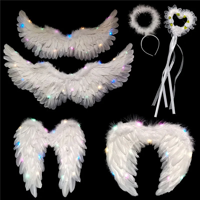 Halloween Angel Wings Plump White Feathers with Color LED Lights Realistic Shoulder Straps Photo Props