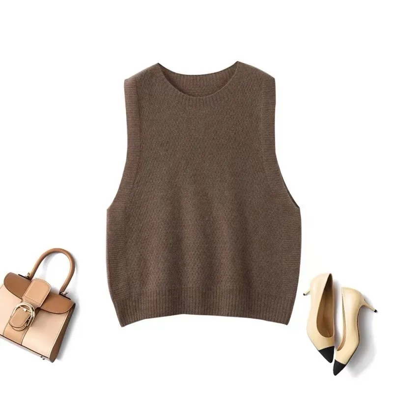 2024 Autumn/Winter Premium Feel 100% Wool O-Neck Seamless Knitted Vest Pullover Fashion Solid Simple Versatile Sleeveless Tops