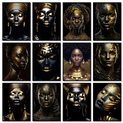 African Black Golden Woman Portrait Posters Prints Canvas Painting Black Girl Wall Art Pictures for Modern Living Room Decor