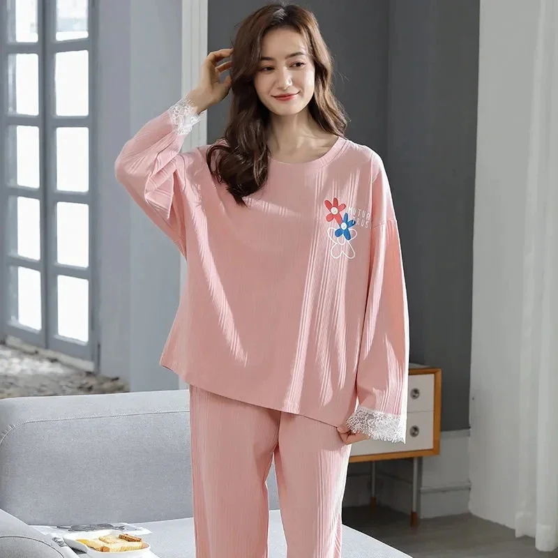 4011-10100% cotton pajamas women fall/winter Korean version plus fat plus size home service women loose can  outside two-piece