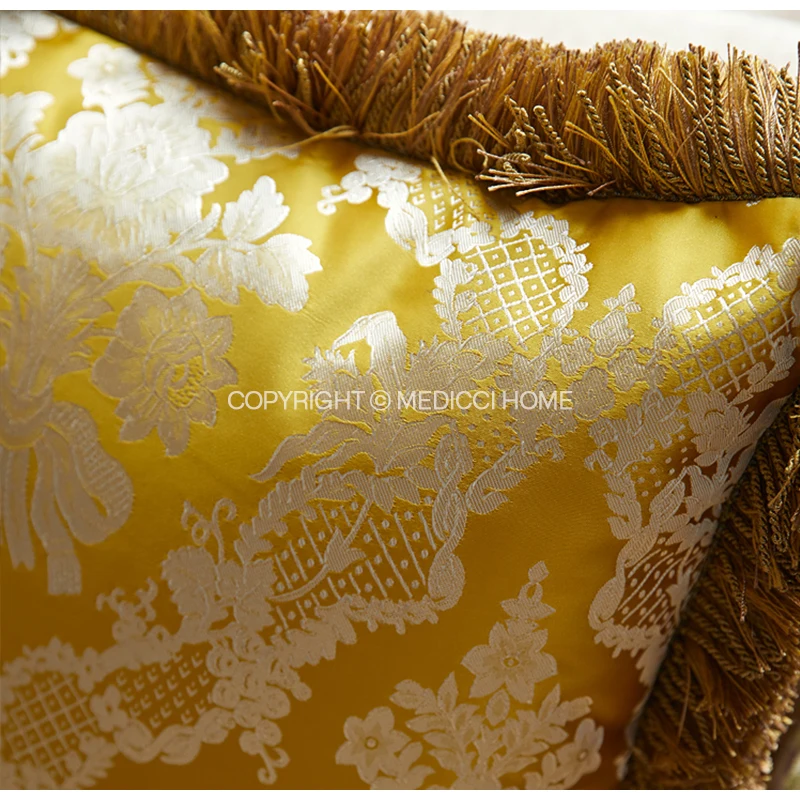 Medicci Home Persian Classic Damask Floral Jacquard Lumbar Pillow Cover Luxe Silk Satin Fringed Cushion Case 30X50 Bright Yellow