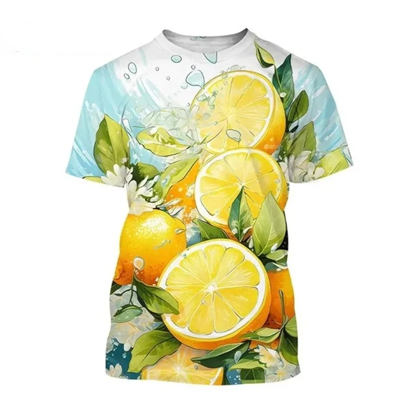 Y2K Top Fun Fruit 3D Print T-shirt Men's and Women's Fashion Casual Lemon T-shirt Fruit Lemon Art Painted O Neck Short-sleeved