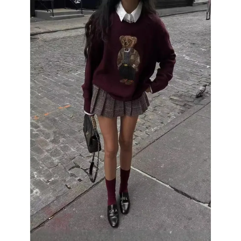 Y2k Zekye Winter Women's Sweater Clothing Bear Embroidery Round Neck Slim Fit Sweater Cartoon College Style Knitted Oversized - Image 4