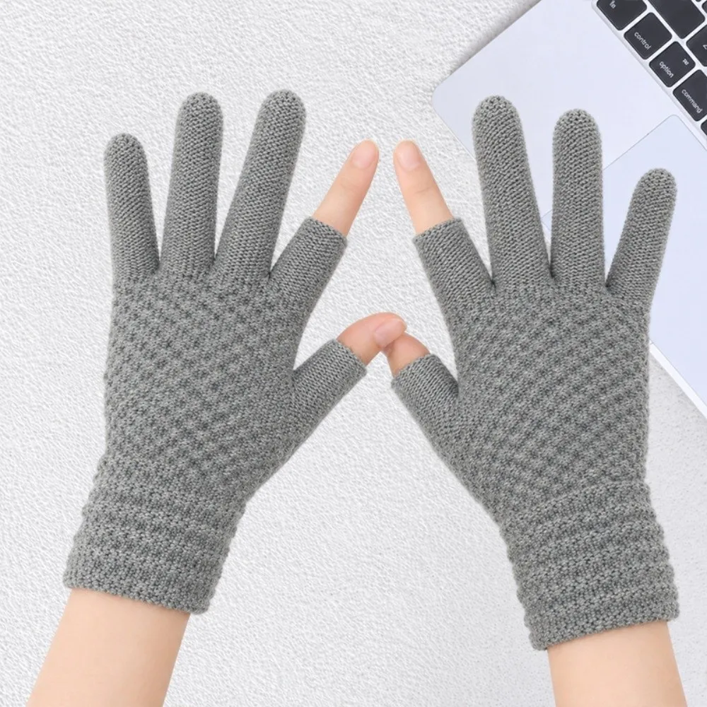 New Warm Winter Knitted Gloves Windproof Thickened Touch Screen Gloves Two-Finger Elastic Cycling Gloves Women