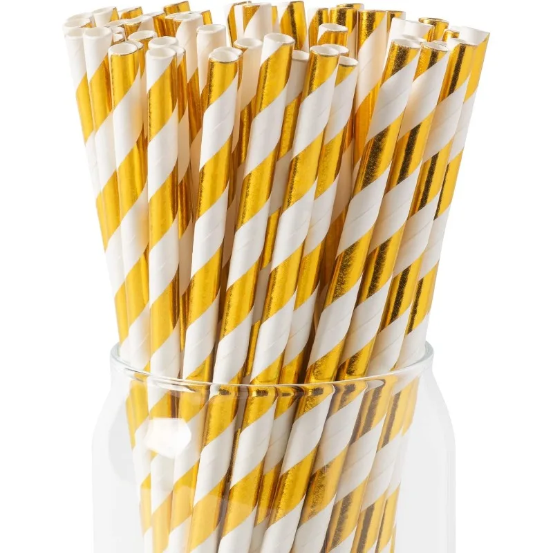 25Pcs Foil Gold White Stripe Paper Straws Paper Drinking Disposable Straws Birthday Wedding Bridal Party Bars Restaurants Drinks