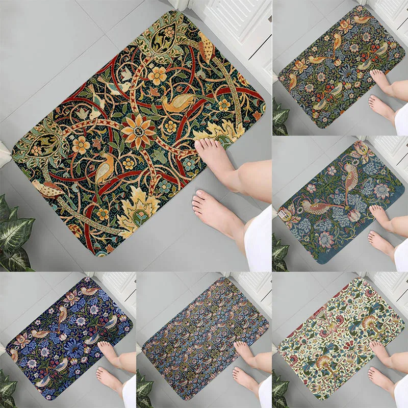 Retro flower and bird plant print floor mat entrance door  kitchen bathroom non-slip carpet bedroom home decoration