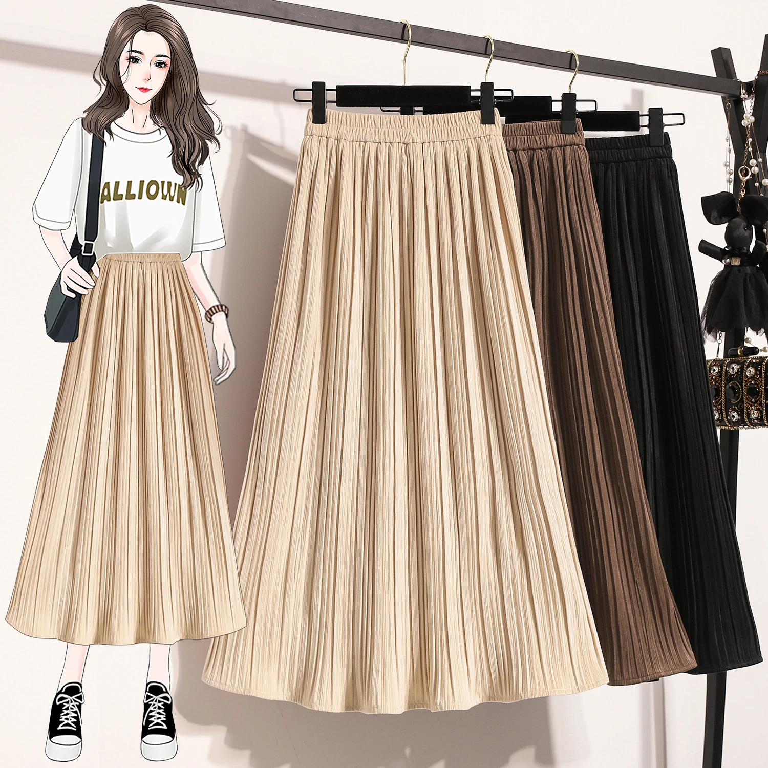 

High Waist Velvet Midi Skirt Women's Autumn Winter plus Size Pear ape Slim A-Line Umbrella Skirt Pleated Trendy Commute Sle