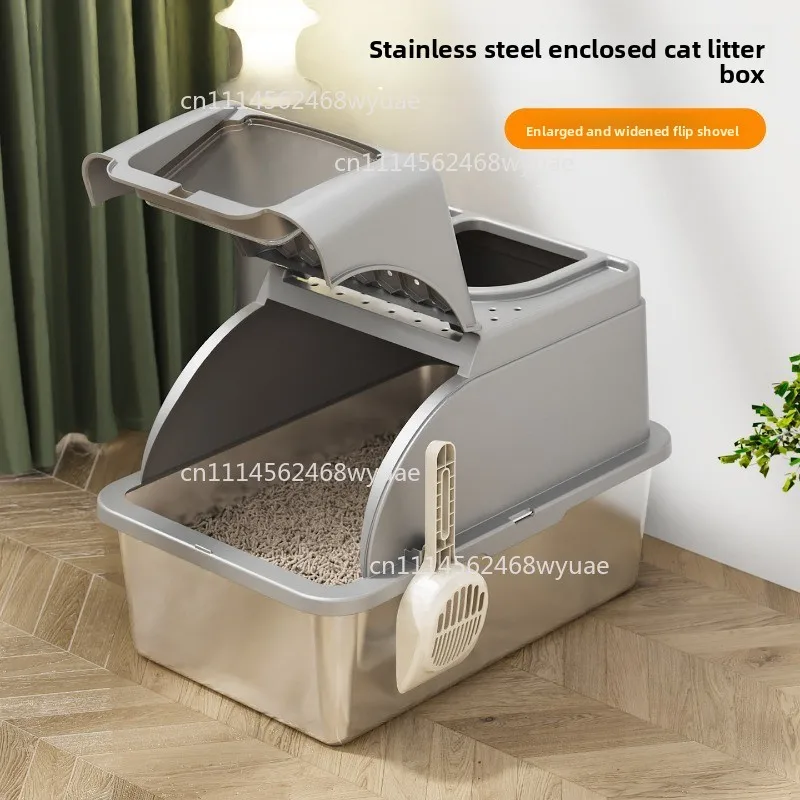Extra Large Stainless Steel Cat Litter Box Easy Clean Anti-Leakage 20L Capacity Removable Lid Enclosed Toilet