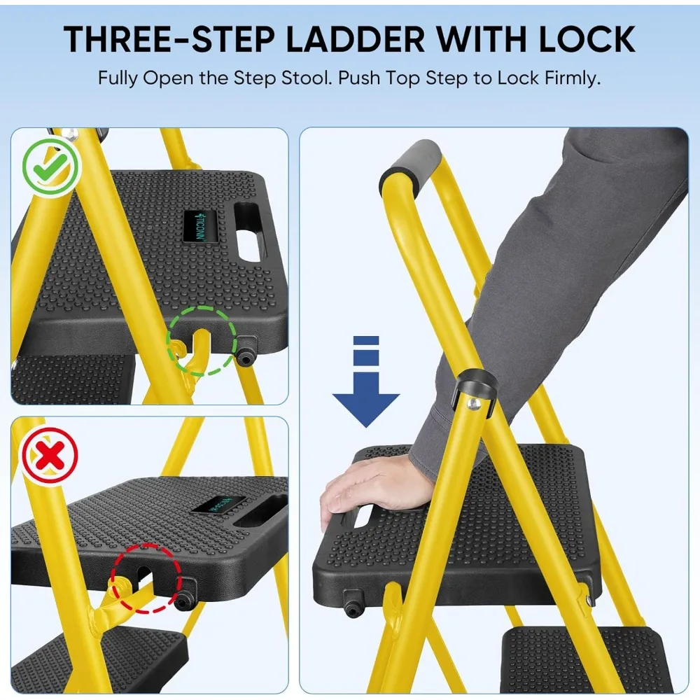 3-traps ladder, robuuste opvouwbare opstapkruk, draagbare stalen opvouwbare kruk voor huishoudelijke garageopslag (geel)