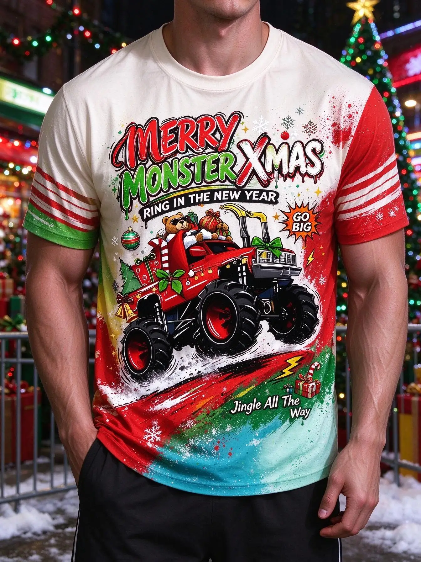 Men T-shirt Merry Monster Xmas Truck Bear Print Short Sleeve Tee Christmas O Neck Tops