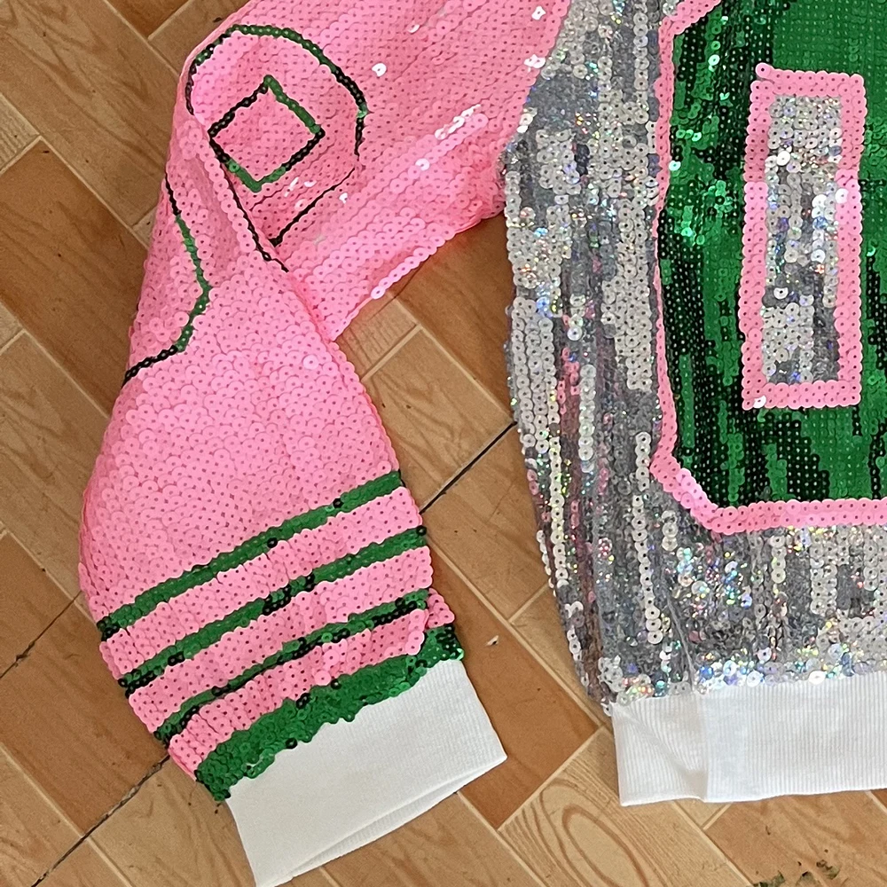 Long O-neck pink green 08 social event sequin flash club jacket