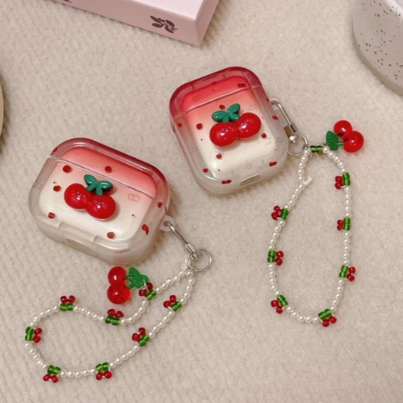 

Gradient Cherry Soft TPU Earphone Case For Airpods Pro 2 Cases For AirPods 3 2 1 Wireless Bluetooth Cover with Pearl Bracelet